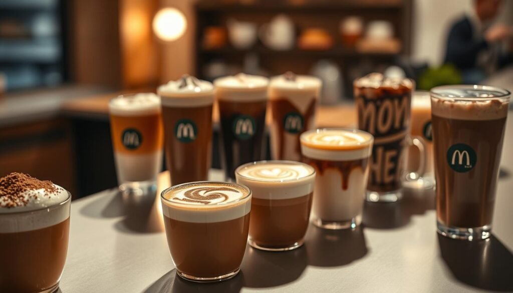 A beautifully lit lineup of delectable McCafé espresso drinks, captured in a soft, warm light that accentuates their rich, velvety textures. In the foreground, a row of expertly crafted cappuccinos, their fluffy milk foam crowned with a dusting of cocoa powder. Behind them, elegant lattes with intricate latte art patterns, each one a unique work of art. In the middle ground, a selection of McCafé's signature espresso-based beverages, from the classic Americano to the indulgent Mocha Frappé, all displayed on a sleek, minimalist counter. The background features a blurred, cozy café setting, hinting at the comforting ambiance that accompanies these premium espresso drinks. The overall mood is one of refined sophistication and inviting indulgence. A beautifully lit lineup of delectable McCafé espresso drinks, captured in a soft, warm light that accentuates their rich, velvety textures. In the foreground, a row of expertly crafted cappuccinos, their fluffy milk foam crowned with a dusting of cocoa powder. Behind them, elegant lattes with intricate latte art patterns, each one a unique work of art. In the middle ground, a selection of McCafé's signature espresso-based beverages, from the classic Americano to the indulgent Mocha Frappé, all displayed on a sleek, minimalist counter. The background features a blurred, cozy café setting, hinting at the comforting ambiance that accompanies these premium espresso drinks. The overall mood is one of refined sophistication and inviting indulgence.