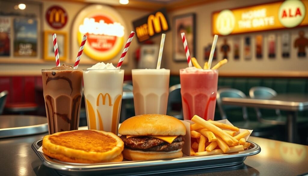 A brightly lit diner-style setting, complete with classic McDonald's decor and furnishings. In the foreground, a selection of mouthwatering McDonald's milkshakes - chocolate, vanilla, and strawberry - artfully arranged on a tray, each accompanied by a complementary food pairing: a warm, golden-brown apple pie slice, a decadent double cheeseburger, and a handful of crisp, salty french fries. The lighting is soft and inviting, creating a cozy, nostalgic atmosphere. The camera angle is slightly elevated, capturing the scene in a clean, professional style that showcases the delicious pairings and the vibrant colors of the milkshakes and accompanying dishes. A brightly lit diner-style setting, complete with classic McDonald's decor and furnishings. In the foreground, a selection of mouthwatering McDonald's milkshakes - chocolate, vanilla, and strawberry - artfully arranged on a tray, each accompanied by a complementary food pairing: a warm, golden-brown apple pie slice, a decadent double cheeseburger, and a handful of crisp, salty french fries. The lighting is soft and inviting, creating a cozy, nostalgic atmosphere. The camera angle is slightly elevated, capturing the scene in a clean, professional style that showcases the delicious pairings and the vibrant colors of the milkshakes and accompanying dishes.