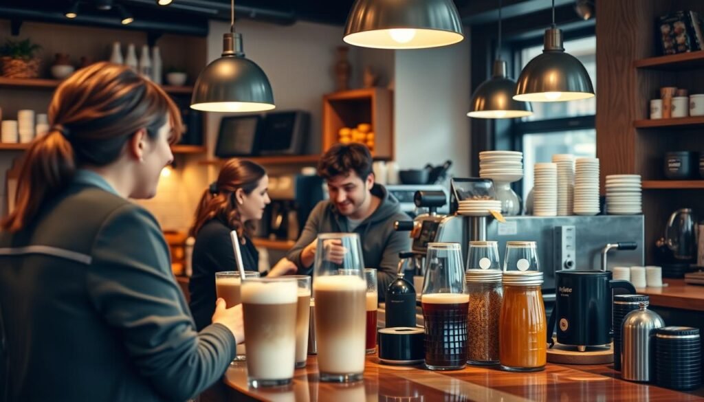 A bustling coffee shop, the counter in the foreground displaying an array of tempting beverages. In the middle ground, a customer places an order with the barista, their face animated with anticipation. The background showcases the cozy ambiance, with warm lighting, wooden accents, and the familiar hum of espresso machines. The scene conveys a sense of comfortable routine, where the simple pleasure of ordering a favorite brew is elevated by the attentive service and inviting atmosphere.