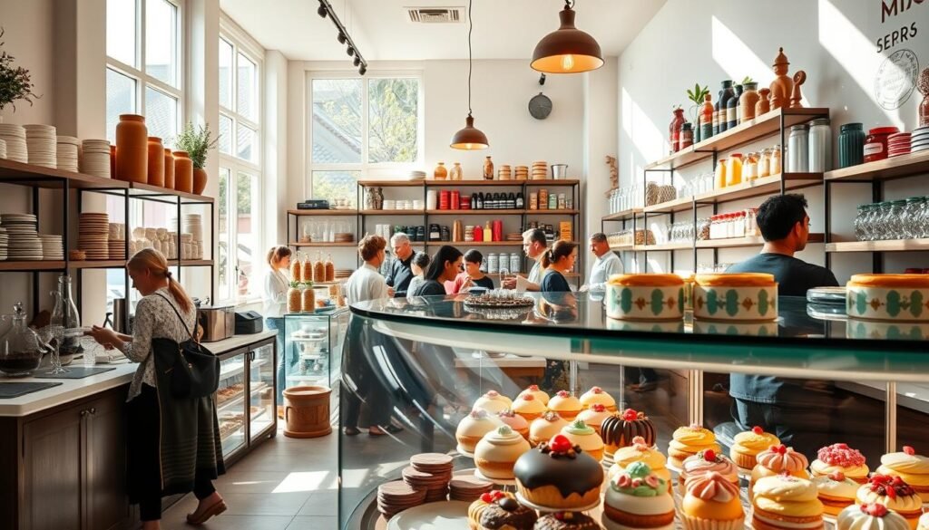 A bustling international dessert shop, &amp;amp;quot;Mixue International Desserts and Sweet Treats,&amp;amp;quot; comes to life. Sunlight filters through large windows, illuminating the vibrant display of pastries, cakes, and confections from around the world. In the foreground, a glass counter showcases delicate macarons, eclairs, and tarts, their colors and textures a feast for the eyes. Beyond, customers peruse shelves stocked with exotic ingredients and artisanal baking equipment, while the aroma of freshly brewed coffee and baking pastries wafts through the air. The atmosphere is one of global culinary exploration, inviting visitors to indulge in a world of decadent and diverse sweet treats.