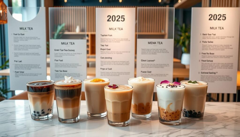 A chic and modern cafe menu display showcases an array of artisanal milk tea varieties for the year 2025. In the foreground, beautifully crafted milk tea drinks are arranged on a marble tabletop, with intricate latte art and distinctive toppings like tapioca pearls, fresh fruits, and delicate flower petals. The middle ground features sleek, minimalist menu boards highlighting the unique flavors and descriptions of each milk tea option, from classic black and green tea bases to innovative fusion blends. The background setting is a warm, cozy cafe interior with natural wood accents, soft lighting, and a hint of greenery, creating an inviting and upscale ambiance. The overall scene evokes a sense of artisanal craftsmanship, quality, and the continued evolution of the milk tea experience.