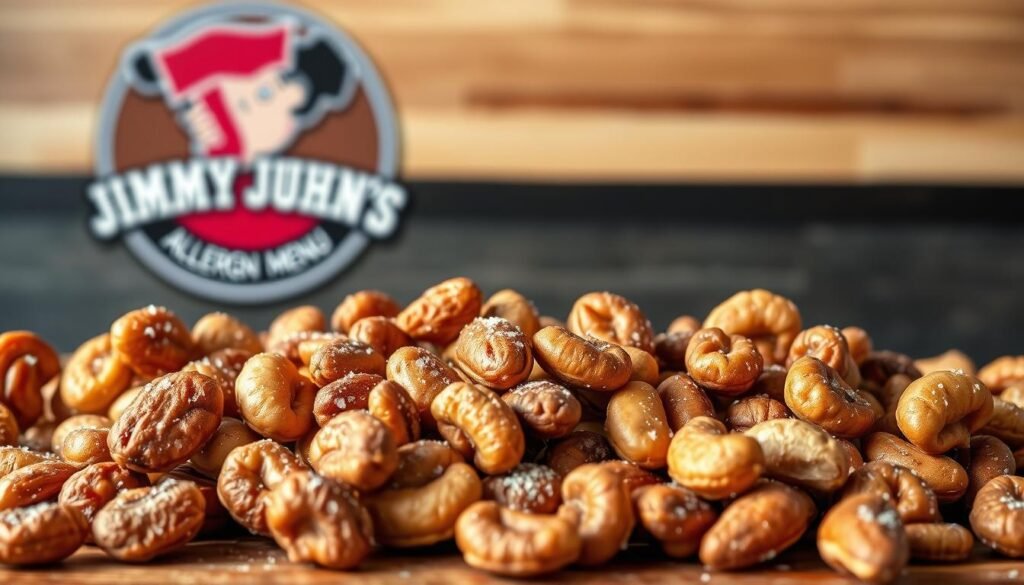 A close-up image of a variety of roasted, salted nuts on a wooden table, with a Jimmy John's logo prominently displayed in the background. The nuts should be arranged in a visually appealing manner, highlighting their diverse shapes, textures, and colors. The lighting should be soft and natural, creating a warm, inviting atmosphere. The focus should be on the nuts, but the Jimmy John's logo should be clearly visible, indicating the connection to the restaurant's allergen menu. The image should convey a sense of quality, safety, and attention to detail, reflecting the theme of the article section.