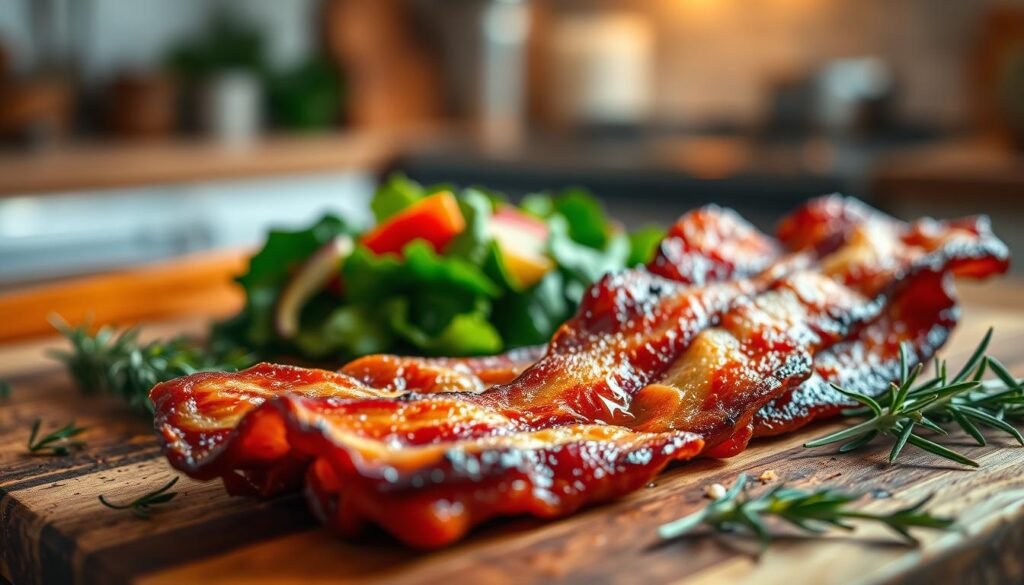 A close-up of sizzling applewood smoked bacon, perfectly cooked to showcase its crispy edges and tantalizing marbling. The foreground features a rustic wooden cutting board with the bacon placed artistically, emphasizing its golden brown surface. Scattered around are fresh herbs like rosemary and thyme, enhancing the natural colors of the bacon. In the middle ground, a vibrant salad or fresh vegetables are subtly arranged, hinting at a health-conscious meal option. The background has a softly blurred kitchen setting, with warm, inviting lighting that evokes a cozy atmosphere. Capture a mouthwatering, appetizing vibe while keeping the focus on the bacon as the star of the dish, with a shallow depth of field to create a rich yet peaceful culinary scene.