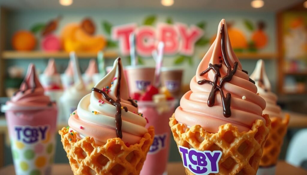 A close-up view of delicious TCBY Quincy waffle cones filled with creamy frozen yogurt, artistically swirled and topped with colorful sprinkles, fresh fruits, and a drizzle of chocolate sauce. The foreground showcases the intricate texture of the waffle cone, emphasizing its crispness. In the middle background, a variety of cups filled with different yogurt flavors stand elegantly, offering a tempting selection. Soft, natural lighting illuminates the scene, highlighting the vibrant colors of the toppings. The background features a blurred image of a cozy TCBY store setting with cheerful decor, creating a warm and inviting atmosphere. The mood should be playful yet elegant, evoking a sense of indulgence and delight. The shot is taken from a slightly elevated angle to capture the full splendor of the dessert experience.