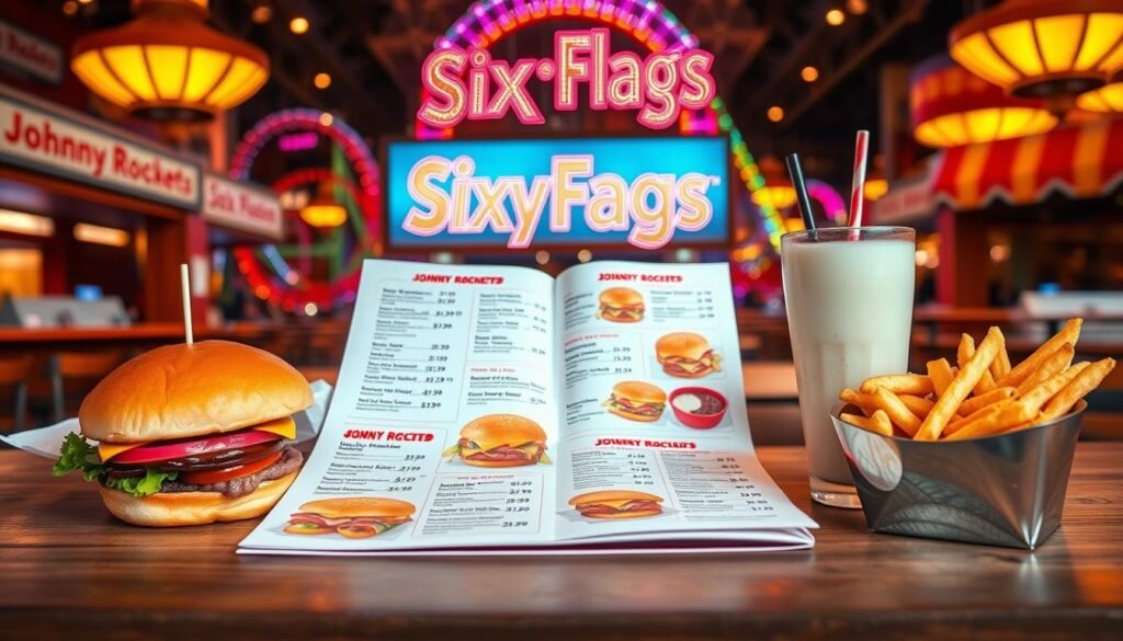A colorful display of a Johnny Rockets menu, showcasing various food items with prices, elegantly arranged on a wooden table. In the foreground, a close-up view of a classic burger, crispy fries, and a milkshake, highlighting the details of the food textures. The middle ground features an open Johnny Rockets menu with illustrations of popular dishes and their corresponding prices. The background shows a lively Six Flags environment, with roller coasters and vibrant signage blurred softly to emphasize the menu. Warm, inviting lighting enhances the atmosphere, creating a cheerful and appetizing mood. The image should be photographed from a slightly elevated angle, capturing depth and perspective while ensuring clarity in food details. No text, logos, or human figures should be included to maintain focus on the menu prices.