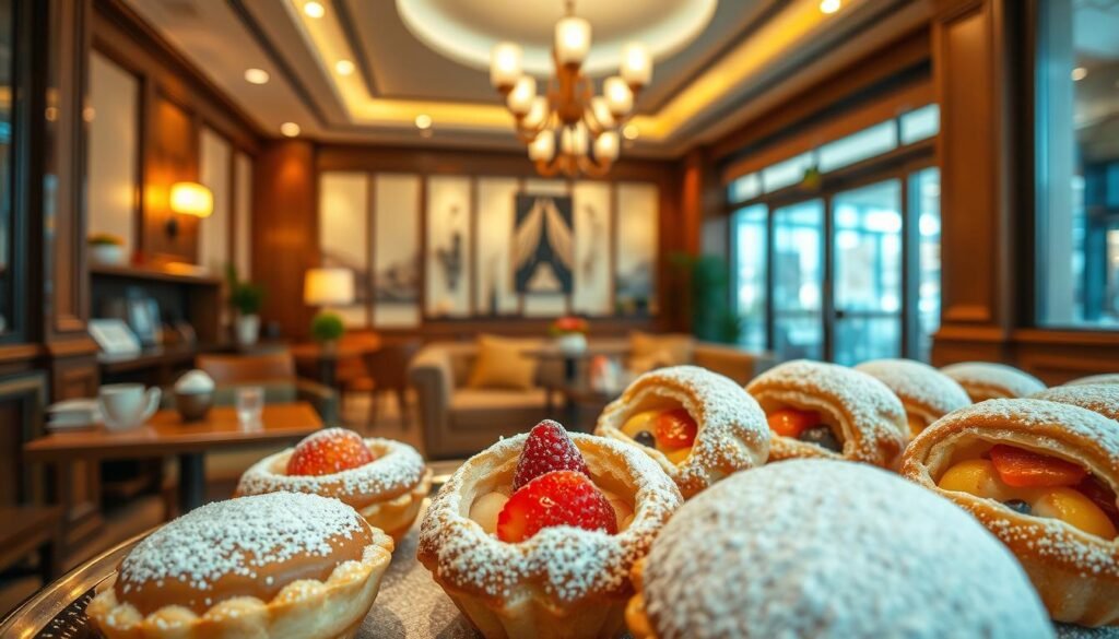 A cozy and inviting Mixue Top-Rated Tea House, bathed in warm, natural lighting. In the foreground, an arrangement of the most popular tea house treats - delicate, artfully crafted pastries, lush with fruit fillings and dusted with powdered sugar. Vibrant colors and intricate details bring these delectable confections to life. The middle ground showcases the elegant tea house interior, with polished wood furnishings, plush seating, and a backdrop of tasteful decor. The atmosphere exudes an air of tranquility and sophistication, inviting the viewer to indulge in these irresistible Mixue specialties. Captured through a medium-wide angle lens, the scene evokes a sense of comfort and temptation, perfectly capturing the essence of the "Best-Selling Mixue Treats and Customer Favorites".