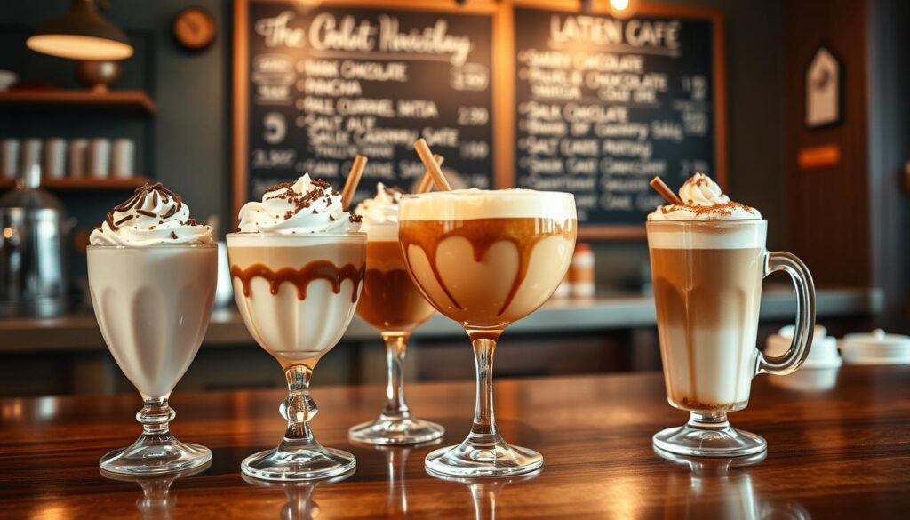 A cozy cafe setting, bathed in warm, soft lighting. On the counter, an array of decadent dessert-inspired beverages - a creamy white chocolate mocha, a rich caramel macchiato, and a frothy pumpkin spice latte, each topped with whipped cream, chocolate shavings, and cinnamon. The drinks are presented in elegant, stemmed glassware, casting inviting reflections on the polished wooden surfaces. In the background, a chalkboard menu showcases additional tempting options, like a dark chocolate cherry mocha and a salted caramel cold brew. The overall atmosphere is one of indulgence and comfort, perfect for savoring these delightful, dessert-style sips.