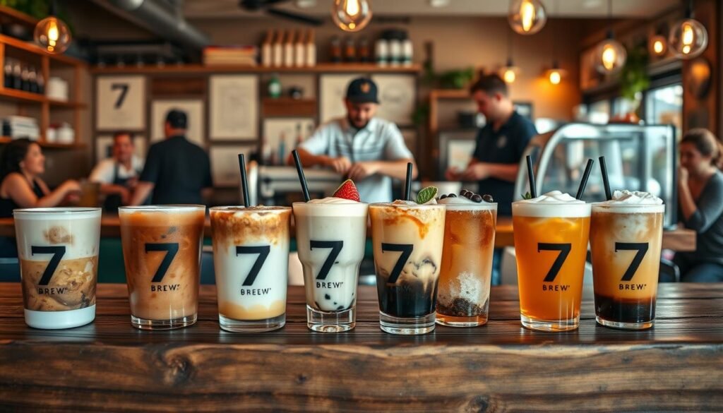 A cozy café setting showcasing an array of tantalizing 7 Brew drinks on a rustic wooden counter. In the foreground, an assortment of fan favorite secret menu creations, each with distinctive colors, textures, and garnishes. The middle ground features a barista preparing a custom beverage, their skilled hands in focus. In the background, glimpses of cheerful customers and a warm, inviting ambiance with soft lighting, natural wood tones, and hints of greenery. The overall scene exudes a sense of discovery, community, and the joy of exploring hidden culinary gems. A cozy café setting showcasing an array of tantalizing 7 Brew drinks on a rustic wooden counter. In the foreground, an assortment of fan favorite secret menu creations, each with distinctive colors, textures, and garnishes. The middle ground features a barista preparing a custom beverage, their skilled hands in focus. In the background, glimpses of cheerful customers and a warm, inviting ambiance with soft lighting, natural wood tones, and hints of greenery. The overall scene exudes a sense of discovery, community, and the joy of exploring hidden culinary gems.