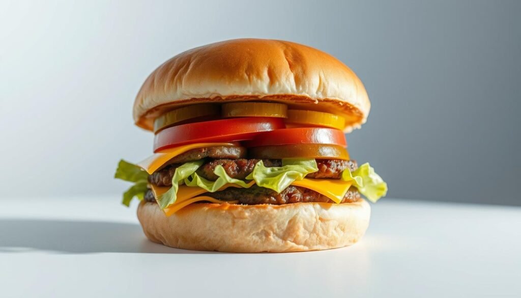 A crisp, high-resolution close-up shot of a McDonald's classic cheeseburger, with a cross-section revealing its intricate layers. The bun is golden-brown and fluffy, the patty sizzling hot and juicy, the cheese melted to perfection. The vegetables - crunchy lettuce, fresh tomato, and tangy pickles - are meticulously arranged, complementing the savory flavors. Dramatic studio lighting casts dramatic shadows, highlighting the burger's inviting texture and temperature. A clean, clinical background emphasizes the scientific, analytical nature of the scene, as if dissecting the anatomy of this iconic fast-food staple to uncover the secrets of its irresistible appeal. A crisp, high-resolution close-up shot of a McDonald's classic cheeseburger, with a cross-section revealing its intricate layers. The bun is golden-brown and fluffy, the patty sizzling hot and juicy, the cheese melted to perfection. The vegetables - crunchy lettuce, fresh tomato, and tangy pickles - are meticulously arranged, complementing the savory flavors. Dramatic studio lighting casts dramatic shadows, highlighting the burger's inviting texture and temperature. A clean, clinical background emphasizes the scientific, analytical nature of the scene, as if dissecting the anatomy of this iconic fast-food staple to uncover the secrets of its irresistible appeal.