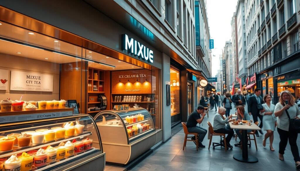 A crisp, well-lit image of a Mixue Ice Cream &amp; Tea storefront set against a lively urban backdrop. The storefront features an elegant design with clean lines, warm lighting, and a prominent display showcasing an array of tempting ice cream flavors and tea varieties. In the foreground, a display case highlights the high-quality ingredients used in the products, including fresh fruits, premium teas, and other natural components. The middle ground captures the store's inviting atmosphere, with customers enjoying their treats at stylish tables and chairs. The background depicts a bustling city street, with passersby adding to the vibrant, upbeat energy of the scene. The overall composition conveys a sense of premium quality, attention to detail, and a commitment to providing a delightful customer experience.