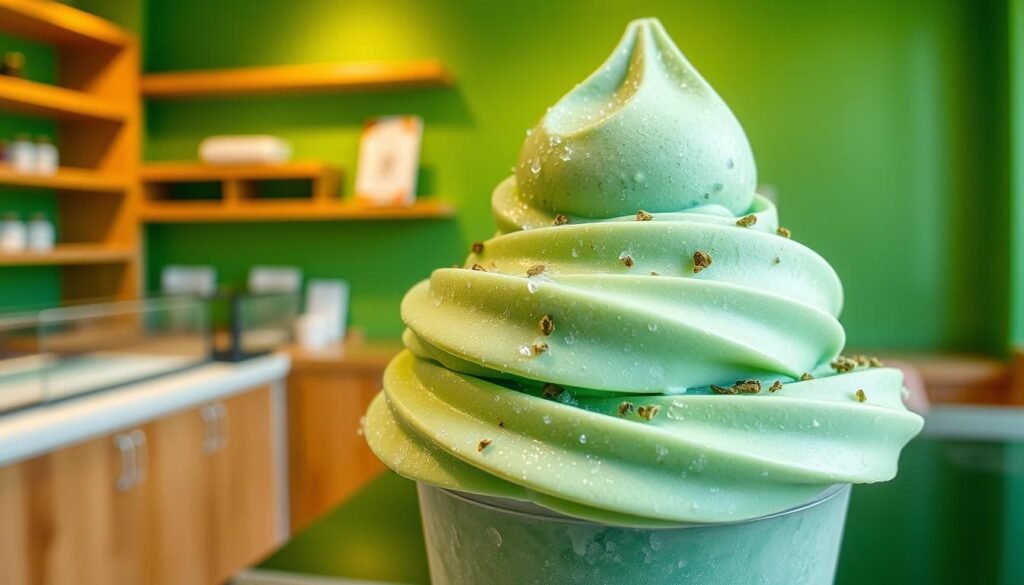 A delightful, frozen masterpiece of Mixue's Green Tea Ice Cream stands out against a bright, verdant backdrop. The ice cream's vibrant emerald hue glistens under soft, natural lighting, inviting a closer look. Atop the smooth, creamy treat, delicate swirls and specks of ground green tea leaves add a textural contrast. The scene is set in a cozy, artisanal ice cream shop, with wooden shelves and a minimalist counter framing the frozen delight. The overall atmosphere conveys a sense of high-quality, innovative indulgence - a perfect representation of Mixue's &amp;amp;amp;quot;Green Tea Ice Cream Innovation&amp;amp;amp;quot;.