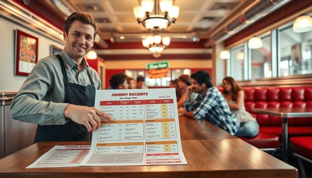 A detailed allergen chart for Johnny Rockets, prominently displayed on a clean wooden table. The chart is organized into clear sections, highlighting ingredients and allergens, using a colorful yet professional design. In the foreground, include a friendly server in modest casual attire, pointing at the chart, ready to assist guests. In the middle ground, a diverse group of customers sit at the table, attentively reviewing the chart. The background showcases a retro diner environment with bright, inviting lighting, chrome accents, and classic red booths, creating a warm and welcoming atmosphere. The image captures a sense of collaboration and care, emphasizing the importance of dietary considerations for all diners. Ensure clarity and focus on the chart without any text overlays or distractions.