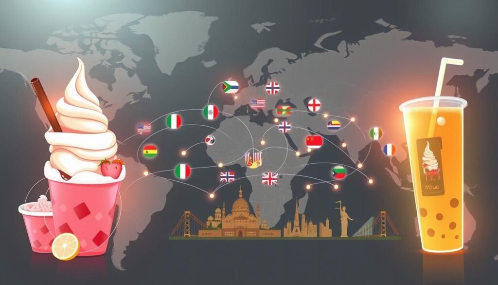 A detailed, high-resolution map of Mixue's global expansion, showcasing its worldwide presence. In the foreground, a vibrant illustration of Mixue's iconic ice cream and tea products, rendered with a soft, inviting palette. The middle ground depicts a network of international flags and landmarks, highlighting Mixue's cultural adaptations across diverse regions. In the background, a sleek, futuristic world map, rendered in muted tones, with glowing nodes representing Mixue's global growth trajectory. The image conveys a sense of Mixue's dynamic, yet thoughtful international expansion, capturing the brand's ability to blend local flavors with its signature delights.