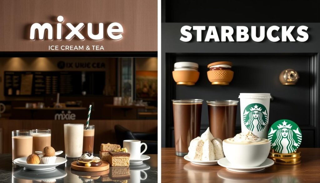 A detailed side-by-side comparison of the menus and product offerings from Mixue Ice Cream &amp; Tea and Starbucks Coffee, captured in a sleek and minimalist design aesthetic. The image should feature clean product shots arranged in a grid layout, highlighting the diverse range of beverages, desserts, and specialty items available at each establishment. Subtle shadows and reflections create depth, while muted, earthy tones convey a sense of sophistication. The overall composition should feel balanced and visually appealing, allowing the viewer to easily grasp the key differences and similarities between the two brands' product portfolios.