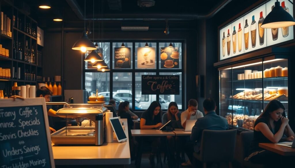 A dimly lit café interior with warm, cozy lighting. At the counter, a barista prepares drinks with skilled precision, surrounded by the aroma of freshly brewed coffee. In the foreground, a chalkboard displays the day's specials and ordering tips, inviting customers to explore the menu and uncover hidden savings. The middle ground features patrons seated at tables, engaged in conversation or working on laptops, creating a welcoming and productive atmosphere. In the background, a display showcases the café's signature drinks and baked goods, hinting at the delectable offerings available. The overall scene conveys a sense of community, creativity, and the perfect balance of productivity and relaxation. A dimly lit café interior with warm, cozy lighting. At the counter, a barista prepares drinks with skilled precision, surrounded by the aroma of freshly brewed coffee. In the foreground, a chalkboard displays the day's specials and ordering tips, inviting customers to explore the menu and uncover hidden savings. The middle ground features patrons seated at tables, engaged in conversation or working on laptops, creating a welcoming and productive atmosphere. In the background, a display showcases the café's signature drinks and baked goods, hinting at the delectable offerings available. The overall scene conveys a sense of community, creativity, and the perfect balance of productivity and relaxation.