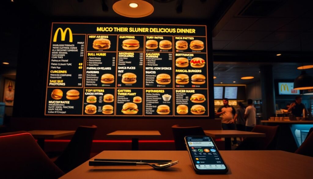 A dimly lit, modern McDonald's dining area with a large, neon-lit menu board showcasing various customization options for a delicious dinner experience. The menu features an array of burger patties, toppings, sauces, and sides that customers can mix and match to create their perfect meal. The scene is illuminated by warm, soft lighting, casting a cozy, inviting atmosphere. In the foreground, a table with a stylized, minimalist place setting and a smartphone displaying the McDonald's mobile app, highlighting the convenience of customizing and ordering meals. The background features sleek, contemporary decor and a glimpse of the bustling kitchen, conveying the efficiency and attention to detail in the dining experience. A dimly lit, modern McDonald's dining area with a large, neon-lit menu board showcasing various customization options for a delicious dinner experience. The menu features an array of burger patties, toppings, sauces, and sides that customers can mix and match to create their perfect meal. The scene is illuminated by warm, soft lighting, casting a cozy, inviting atmosphere. In the foreground, a table with a stylized, minimalist place setting and a smartphone displaying the McDonald's mobile app, highlighting the convenience of customizing and ordering meals. The background features sleek, contemporary decor and a glimpse of the bustling kitchen, conveying the efficiency and attention to detail in the dining experience.