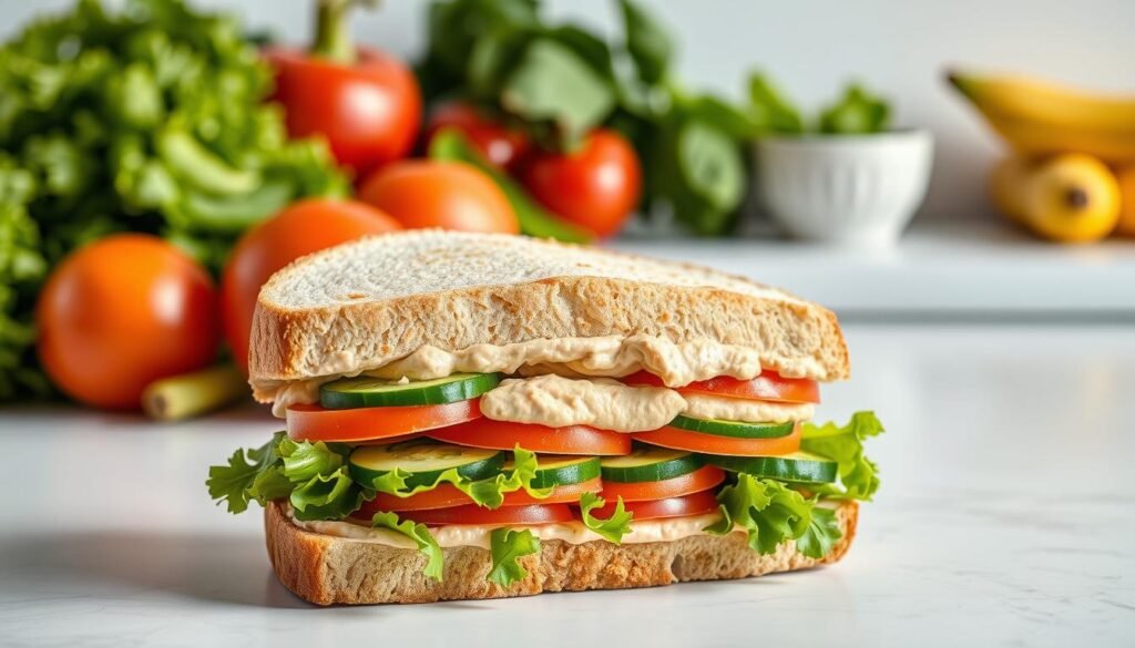 A freshly prepared vegan sandwich from Jimmy John's, showcased against a backdrop of fresh vegetables and a minimalist, bright white counter. The sandwich features lightly toasted whole-grain bread, layered with crisp lettuce, juicy tomatoes, crunchy cucumber slices, and a generous spread of savory hummus. The composition is illuminated by soft, natural lighting, capturing the appetizing texture and vibrant colors of the ingredients. The overall scene conveys a sense of health, simplicity, and plant-based culinary delight, perfectly aligned with the "vegan" section of the Jimmy John's allergen menu.