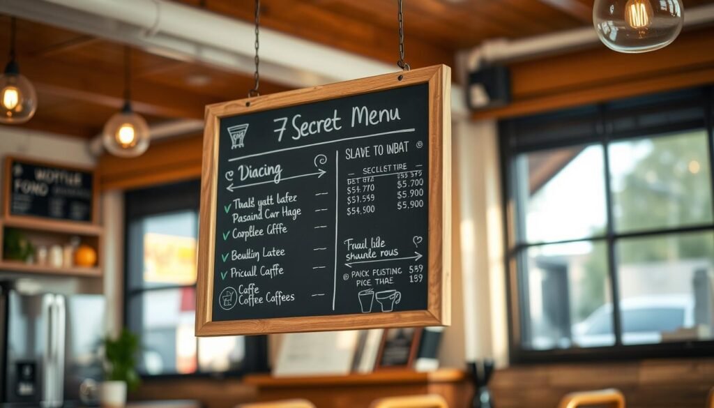 A high-quality chalkboard menu board floats in a warm, cozy coffee shop setting. The board displays the "7 Brew Secret Menu" offerings, with hand-drawn icons and detailed pricing information for each item. The lighting is soft and natural, casting a gentle glow on the scene. The background features a blurred view of the cafe's interior, hinting at the inviting atmosphere. The overall composition is balanced and visually appealing, drawing the viewer's attention to the menu details.