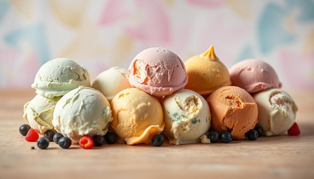 A high-quality image of an array of colorful and inviting Mixue ice cream scoops, showcasing the brand's seasonal flavors. The scoops are arranged artfully on a smooth wooden surface, with a soft, natural lighting illuminating the creamy textures and vibrant hues. In the background, a blurred, pastel-tinted backdrop suggests a serene, atmospheric setting, creating a sense of harmony and visual appeal. The composition captures the essence of Mixue's diverse seasonal offerings, enticing the viewer to explore the brand's refreshing and innovative ice cream flavors.