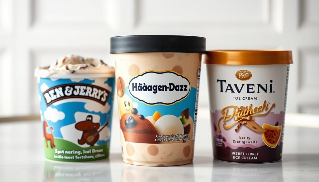 A high-quality studio shot showcasing three iconic premium ice cream pints - Ben &amp;amp;amp; Jerry's, Häagen-Dazs, and Talenti. The pints are arranged in a clean, minimalist arrangement on a sleek white table, with perfect lighting that highlights the vibrant colors and textures of the ice cream. The scene has a sophisticated, upscale atmosphere, with a slight depth of field blur creating a sense of depth. The camera angle is slightly angled to provide an engaging perspective, capturing the brands in a comparative layout that invites the viewer to examine and compare the distinctive packaging designs. Subtle highlights and shadows emphasize the premium, artisanal nature of these top-tier ice cream labels.