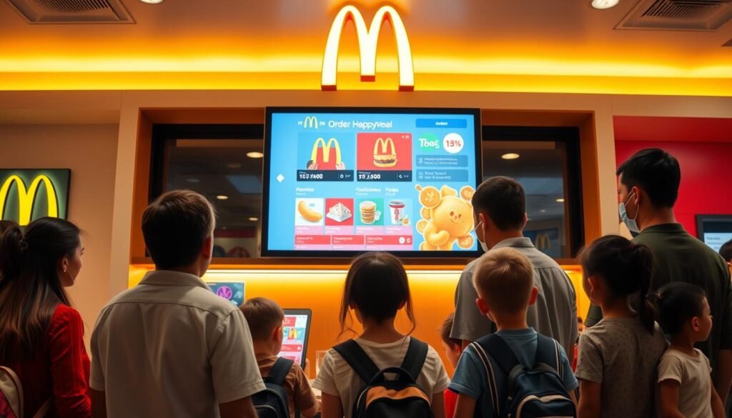 A modern McDonald's restaurant interior, with a large digital touchscreen display prominently showcasing a vibrant and colorful Happy Meal order interface. The screen is surrounded by sleek, minimalist decor in shades of red, yellow, and white, reflecting the classic McDonald's branding. Customers of all ages, from children to adults, stand before the display, their faces illuminated by the screen's glow as they navigate the intuitive digital ordering system. Warm, diffused lighting casts a soft, welcoming ambiance, while the overall scene conveys a sense of convenience, technology, and the enduring appeal of the iconic Happy Meal. A modern McDonald's restaurant interior, with a large digital touchscreen display prominently showcasing a vibrant and colorful Happy Meal order interface. The screen is surrounded by sleek, minimalist decor in shades of red, yellow, and white, reflecting the classic McDonald's branding. Customers of all ages, from children to adults, stand before the display, their faces illuminated by the screen's glow as they navigate the intuitive digital ordering system. Warm, diffused lighting casts a soft, welcoming ambiance, while the overall scene conveys a sense of convenience, technology, and the enduring appeal of the iconic Happy Meal.