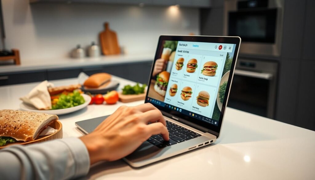 A modern, minimalist kitchen counter with a sleek laptop open, displaying an online sandwich ordering interface. In the foreground, a hand taps the screen, selecting various sandwich options. The mid-ground features neatly arranged ingredients like freshly baked bread, crisp vegetables, and delectable meats. The background showcases a clean, well-lit space, with subtle hints of warm lighting and a sense of efficiency. The overall scene conveys a seamless, streamlined experience of quickly ordering a delicious, customized sandwich online.