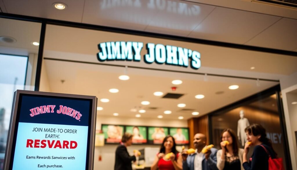 A modern, sleek storefront with the iconic Jimmy John's logo prominently displayed. The interior is well-lit, with clean lines and a minimalist design aesthetic. In the foreground, a digital display showcases the Jimmy John's Rewards program, highlighting the benefits of joining and earning rewards with each purchase. The middle ground features a group of satisfied customers enjoying their fresh, made-to-order sandwiches, radiating a sense of convenience and satisfaction. The background features a subtle, blurred cityscape, suggesting the ubiquity of Jimmy John's locations. The overall atmosphere conveys a sense of efficiency, quality, and the value of the brand's rewards program.