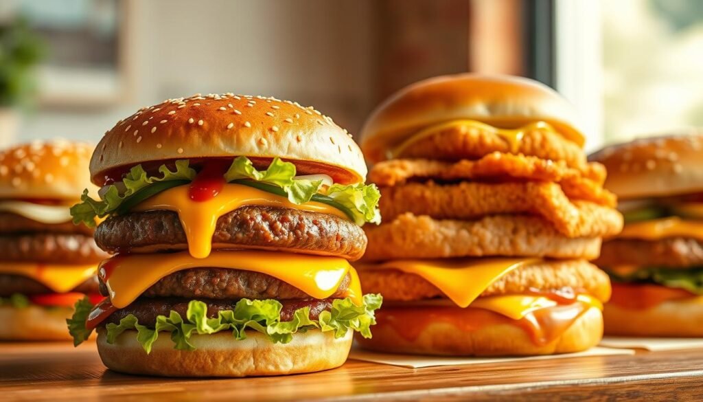 A mouthwatering display of McDonald's most popular burger variations, meticulously crafted with juicy beef patties, glistening buns, and an array of enticing toppings. In the foreground, a classic Big Mac stands tall, its signature "special sauce" drizzled over crisp lettuce and melted cheese. Beside it, a Quarter Pounder with Cheese radiates a golden hue, the patty sizzling against the backdrop of fresh onions and pickles. In the middle, a Filet-O-Fish tempts with its flaky white fish and creamy tartar sauce, while a McChicken sandwich adds a delightful crunch. Soft natural lighting casts a warm glow, capturing the inviting textures and mouthwatering details of these beloved McDonald's burger creations. The scene is photographed from a slightly elevated angle, showcasing the delectable lineup in all its glory. A mouthwatering display of McDonald's most popular burger variations, meticulously crafted with juicy beef patties, glistening buns, and an array of enticing toppings. In the foreground, a classic Big Mac stands tall, its signature "special sauce" drizzled over crisp lettuce and melted cheese. Beside it, a Quarter Pounder with Cheese radiates a golden hue, the patty sizzling against the backdrop of fresh onions and pickles. In the middle, a Filet-O-Fish tempts with its flaky white fish and creamy tartar sauce, while a McChicken sandwich adds a delightful crunch. Soft natural lighting casts a warm glow, capturing the inviting textures and mouthwatering details of these beloved McDonald's burger creations. The scene is photographed from a slightly elevated angle, showcasing the delectable lineup in all its glory.