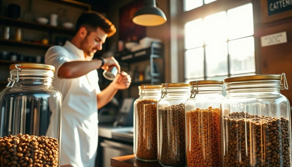 A quaint coffee shop interior, bathed in warm, golden light filtering through large windows. Sleek glass jars line the counter, each brimming with an array of unique coffee bean blends - from earthy, smoky roasts to bright, citrusy notes. The barista, clad in a crisp white apron, carefully measures and grinds the beans, releasing a symphony of tantalizing aromas that fill the air. The focus rests on the jars, their contents showcased like precious jewels, inviting customers to explore a world of limited-edition and artisanal coffee experiences. A quaint coffee shop interior, bathed in warm, golden light filtering through large windows. Sleek glass jars line the counter, each brimming with an array of unique coffee bean blends - from earthy, smoky roasts to bright, citrusy notes. The barista, clad in a crisp white apron, carefully measures and grinds the beans, releasing a symphony of tantalizing aromas that fill the air. The focus rests on the jars, their contents showcased like precious jewels, inviting customers to explore a world of limited-edition and artisanal coffee experiences.