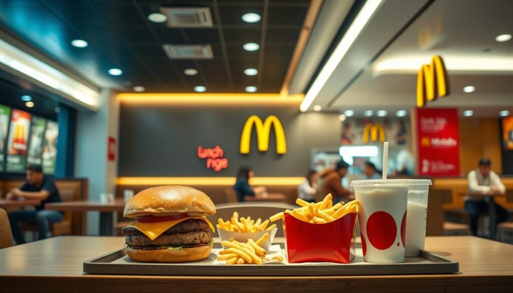A sleek, minimalist McDonald's restaurant interior with a prominent display of lunch menu prices and combos. The scene is bathed in warm, inviting lighting, creating a cozy and welcoming atmosphere. In the foreground, a neatly arranged table showcases a selection of popular lunch items, such as a Big Mac, fries, and a soft drink, highlighting the affordability and value of the brand's lunchtime offerings. The middle ground features customers seated at tables, enjoying their meals and conversing. The background depicts the restaurant's signature golden arches and branding, subtly reinforcing the recognizable McDonald's identity. The overall composition conveys a sense of accessibility, quality, and efficiency associated with the brand's lunch pricing strategy. A sleek, minimalist McDonald's restaurant interior with a prominent display of lunch menu prices and combos. The scene is bathed in warm, inviting lighting, creating a cozy and welcoming atmosphere. In the foreground, a neatly arranged table showcases a selection of popular lunch items, such as a Big Mac, fries, and a soft drink, highlighting the affordability and value of the brand's lunchtime offerings. The middle ground features customers seated at tables, enjoying their meals and conversing. The background depicts the restaurant's signature golden arches and branding, subtly reinforcing the recognizable McDonald's identity. The overall composition conveys a sense of accessibility, quality, and efficiency associated with the brand's lunch pricing strategy.