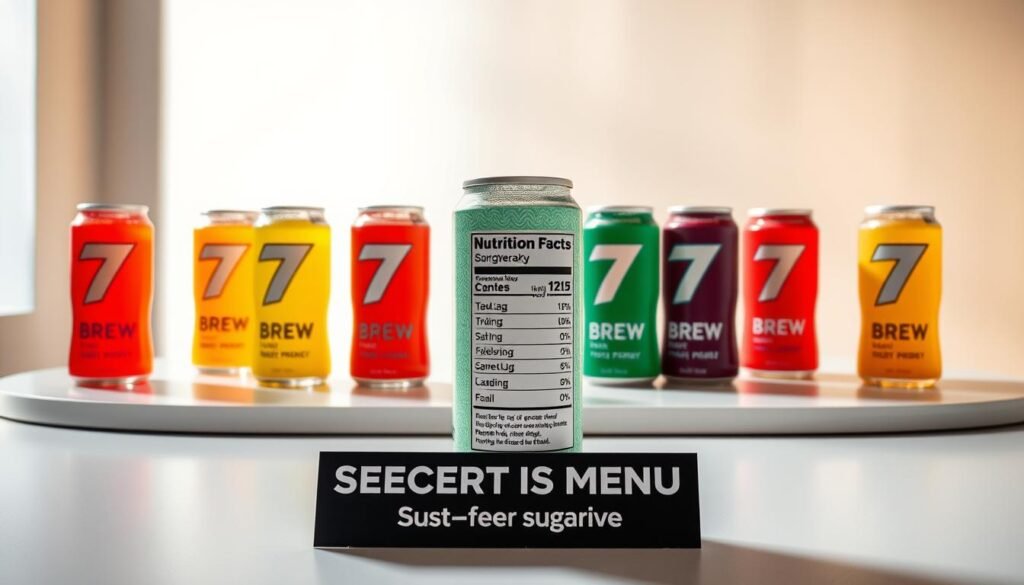 A sleek, minimalist table setting featuring an array of 7 Brew Energy drinks, their nutritional information displayed prominently in the foreground. The drinks are arranged artfully, their vibrant colors and angular bottles creating a visually striking composition. The background is a clean, bright studio setup with soft, diffused lighting, casting a warm glow over the scene. The image conveys a sense of health-consciousness and transparency, inviting the viewer to explore the secret menu's sugar-free alternatives. A sleek, minimalist table setting featuring an array of 7 Brew Energy drinks, their nutritional information displayed prominently in the foreground. The drinks are arranged artfully, their vibrant colors and angular bottles creating a visually striking composition. The background is a clean, bright studio setup with soft, diffused lighting, casting a warm glow over the scene. The image conveys a sense of health-consciousness and transparency, inviting the viewer to explore the secret menu's sugar-free alternatives.