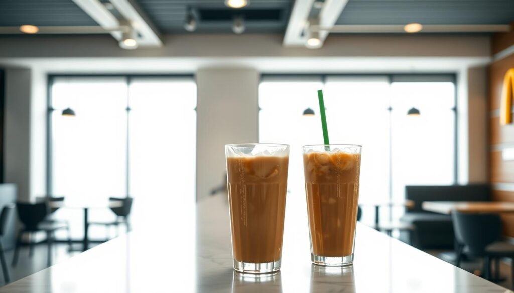 A sleek, modern McDonald's cafe scene. In the foreground, two icy, tall glasses of McDonald's signature Iced Coffee and Frozen Coffee Drinks sit atop a clean, marble countertop. The drinks are beautifully lit, their condensation glistening under bright, natural light from large windows in the background. The cafe's minimal, contemporary decor creates a comfortable, inviting atmosphere. The overall scene exudes a sense of refreshment, energy, and high-quality craftsmanship that reflects the excellence of McDonald's coffee offerings. A sleek, modern McDonald's cafe scene. In the foreground, two icy, tall glasses of McDonald's signature Iced Coffee and Frozen Coffee Drinks sit atop a clean, marble countertop. The drinks are beautifully lit, their condensation glistening under bright, natural light from large windows in the background. The cafe's minimal, contemporary decor creates a comfortable, inviting atmosphere. The overall scene exudes a sense of refreshment, energy, and high-quality craftsmanship that reflects the excellence of McDonald's coffee offerings.