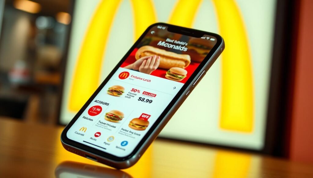 A sleek, modern digital ordering interface for McDonald's lunch menu, showcased on a high-resolution smartphone display. The foreground features a clean, intuitive layout with vibrant icons, tempting food images, and a streamlined ordering process. The middle ground presents a selection of exclusive lunch deals, highlighted with eye-catching typography and vibrant colors. The background subtly incorporates the iconic McDonald's branding, creating a cohesive and visually appealing composition. The overall scene is bathed in a warm, natural lighting, emphasizing the app's user-friendly and appetizing qualities. The image conveys a sense of convenience, efficiency, and the enticing lunch options available to McDonald's customers. A sleek, modern digital ordering interface for McDonald's lunch menu, showcased on a high-resolution smartphone display. The foreground features a clean, intuitive layout with vibrant icons, tempting food images, and a streamlined ordering process. The middle ground presents a selection of exclusive lunch deals, highlighted with eye-catching typography and vibrant colors. The background subtly incorporates the iconic McDonald's branding, creating a cohesive and visually appealing composition. The overall scene is bathed in a warm, natural lighting, emphasizing the app's user-friendly and appetizing qualities. The image conveys a sense of convenience, efficiency, and the enticing lunch options available to McDonald's customers.