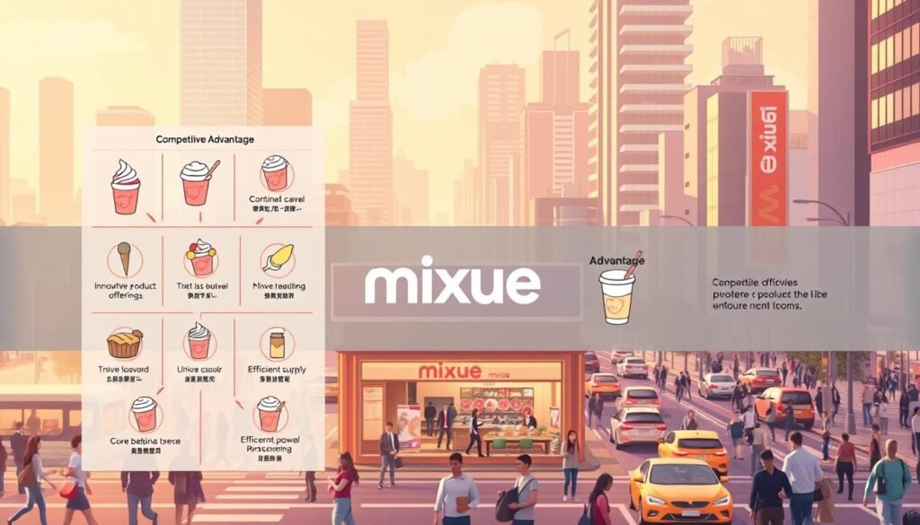 A sleek, modern illustration showcasing the competitive advantages of Mixue Ice Cream &amp; Tea. In the foreground, a detailed diagram depicts Mixue's innovative product offerings, unique flavor profiles, and streamlined supply chain. The middle ground features Mixue's recognizable branding and store design, highlighting its approachable and vibrant aesthetic. In the background, a cityscape with bustling pedestrians and traffic conveys Mixue's global expansion and widespread popularity. The overall scene is illuminated by warm, directional lighting, creating a sense of energy and dynamism. The composition is balanced and visually striking, reflecting Mixue's strategic edge over traditional ice cream and tea chains.