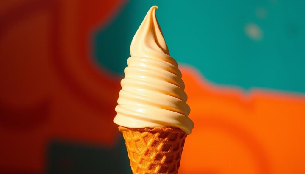 A soft-serve ice cream cone, gleaming in a warm golden light, stands tall against a backdrop of vibrant, saturated colors. The smooth, creamy ice cream is swirled into a perfect, towering peak, its texture invitingly smooth and luscious. The crisp, waffle-like cone is a rich, caramelized brown, adding a delightful crunch and contrast to the dessert. Subtle shadows and highlights accentuate the cone's form, creating a sense of depth and dimensionality. The overall scene exudes a sense of indulgence, joy, and the irresistible allure of a classic McDonald's soft-serve treat. A soft-serve ice cream cone, gleaming in a warm golden light, stands tall against a backdrop of vibrant, saturated colors. The smooth, creamy ice cream is swirled into a perfect, towering peak, its texture invitingly smooth and luscious. The crisp, waffle-like cone is a rich, caramelized brown, adding a delightful crunch and contrast to the dessert. Subtle shadows and highlights accentuate the cone's form, creating a sense of depth and dimensionality. The overall scene exudes a sense of indulgence, joy, and the irresistible allure of a classic McDonald's soft-serve treat.