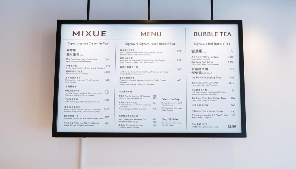A sophisticated, minimalist menu board featuring Mixue's signature ice cream and bubble tea offerings. The menu is displayed against a clean, soft-focus background, with a muted color palette of pastel blues, grays, and whites to convey a calming, premium aesthetic. The menu items are clearly and neatly laid out, with precise pricing information for each product. The lighting is soft and even, highlighting the menu's elegant simplicity. The overall composition is balanced and visually appealing, drawing the viewer's attention to the key details of Mixue's product lineup and pricing.