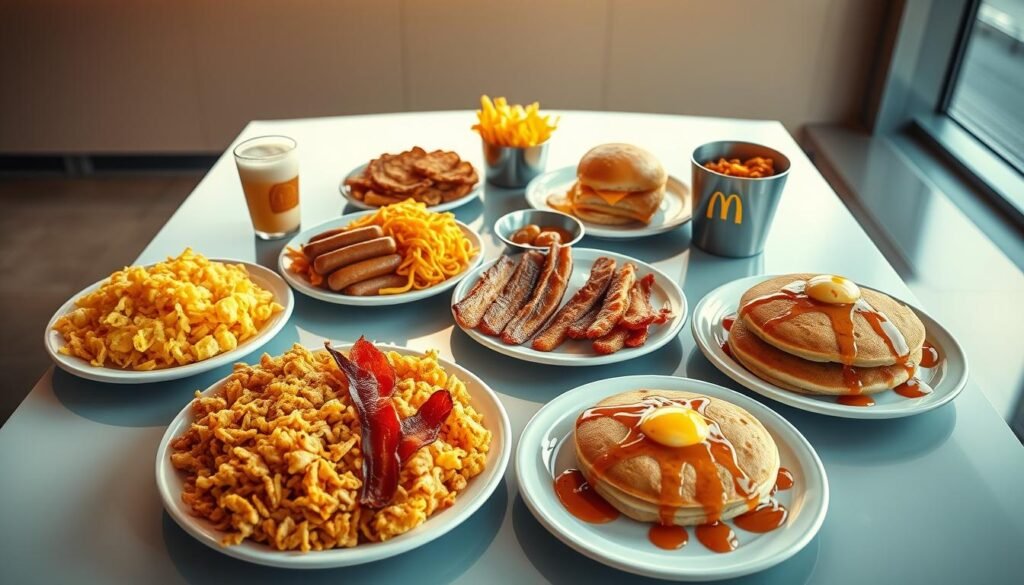 A sumptuous spread of McDonald's breakfast platters, artfully arranged on a sleek, modern table under soft, warm lighting. The platters showcase an array of delectable items: golden hash browns, fluffy scrambled eggs, juicy sausage links, crisp bacon strips, and fluffy pancakes drizzled with maple syrup. The scene is captured with a wide-angle lens, allowing the viewer to take in the full, tantalizing display. The overall mood is one of inviting comfort and indulgence, perfectly capturing the essence of a satisfying McDonald's breakfast. A sumptuous spread of McDonald's breakfast platters, artfully arranged on a sleek, modern table under soft, warm lighting. The platters showcase an array of delectable items: golden hash browns, fluffy scrambled eggs, juicy sausage links, crisp bacon strips, and fluffy pancakes drizzled with maple syrup. The scene is captured with a wide-angle lens, allowing the viewer to take in the full, tantalizing display. The overall mood is one of inviting comfort and indulgence, perfectly capturing the essence of a satisfying McDonald's breakfast.