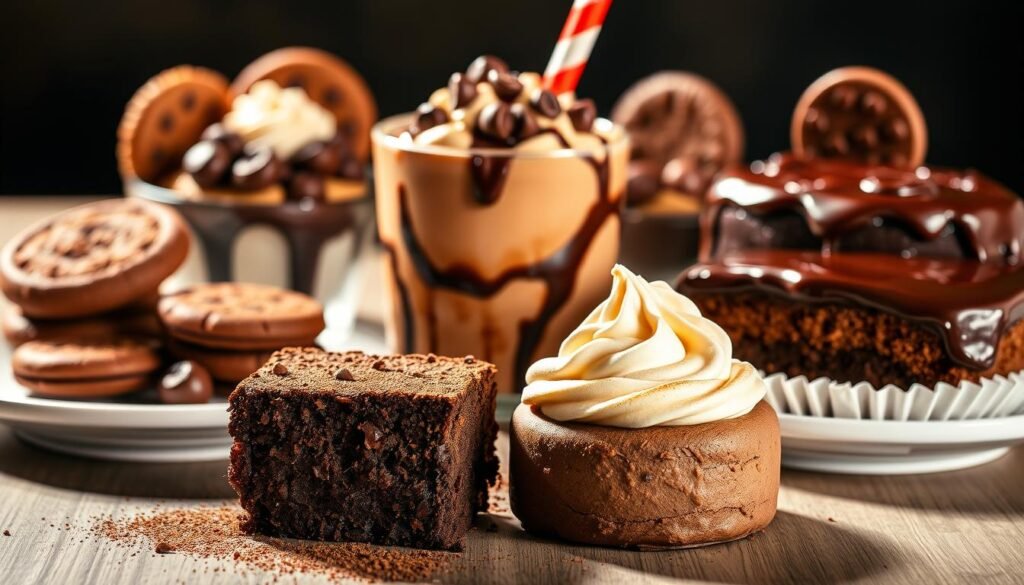A tantalizing spread of McDonald's decadent chocolate desserts, captured in a warm, inviting light. In the foreground, a rich, fudgy brownie sits alongside a creamy, melt-in-your-mouth chocolate mousse, both garnished with a dusting of cocoa powder. In the middle ground, a tempting chocolate sundae overflows with gooey chocolate sauce, chocolate chips, and a dollop of whipped cream. In the background, a trio of chocolate-dipped cookies and a luscious chocolate cake, with a glossy chocolate ganache topping, complete the indulgent scene. The overall mood is one of irresistible sweetness, inviting the viewer to indulge in this chocolate lovers' paradise. A tantalizing spread of McDonald's decadent chocolate desserts, captured in a warm, inviting light. In the foreground, a rich, fudgy brownie sits alongside a creamy, melt-in-your-mouth chocolate mousse, both garnished with a dusting of cocoa powder. In the middle ground, a tempting chocolate sundae overflows with gooey chocolate sauce, chocolate chips, and a dollop of whipped cream. In the background, a trio of chocolate-dipped cookies and a luscious chocolate cake, with a glossy chocolate ganache topping, complete the indulgent scene. The overall mood is one of irresistible sweetness, inviting the viewer to indulge in this chocolate lovers' paradise.