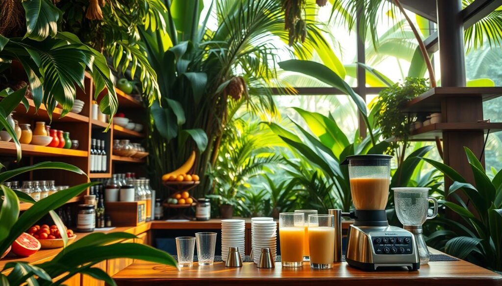 A tropical smoothie bar set against a lush, verdant backdrop. Vibrant green leaves and colorful fruits create a serene, calming atmosphere. Wooden shelves and displays showcase an array of exotic ingredients, hinting at the secret menu options available. Warm, natural lighting filters through the windows, casting a golden glow over the scene. Sleek, modern blenders and serving cups sit ready, anticipating the customized concoctions. The overall mood is one of exclusivity and discovery, inviting the viewer to uncover the hidden delights of this tropical oasis. A tropical smoothie bar set against a lush, verdant backdrop. Vibrant green leaves and colorful fruits create a serene, calming atmosphere. Wooden shelves and displays showcase an array of exotic ingredients, hinting at the secret menu options available. Warm, natural lighting filters through the windows, casting a golden glow over the scene. Sleek, modern blenders and serving cups sit ready, anticipating the customized concoctions. The overall mood is one of exclusivity and discovery, inviting the viewer to uncover the hidden delights of this tropical oasis.