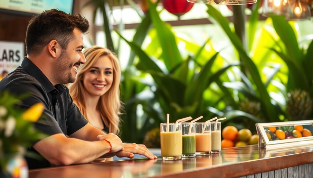 A tropical smoothie bar setting with a friendly staff member leaning over the counter, engaging in an earnest conversation with a customer. The customer's face expresses concern, while the staff member gestures reassuringly, conveying a sense of empathy and a commitment to ensuring a safe and accommodating experience. The background features lush, vibrant greenery and tropical fruits, creating an inviting, calming atmosphere. The lighting is soft and diffused, emanating a warm, welcoming glow. The overall scene captures the essence of open communication, trust, and the shared goal of providing a positive, allergen-aware dining experience.