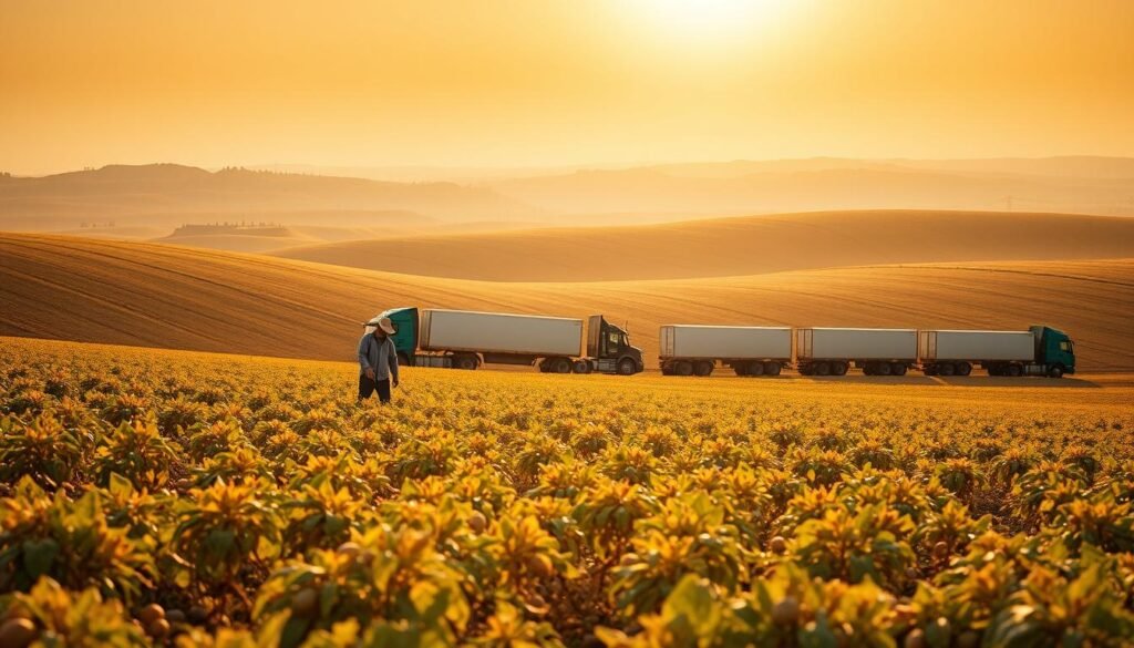 A vast pastoral landscape, a rolling field of golden potato crops stretches out under a warm, hazy sun. In the foreground, a farmer carefully tends to the plants, meticulously inspecting each tuber. Behind them, a fleet of trucks waits to transport the freshly harvested potatoes, their cargo destined for the iconic golden arches of a nearby McDonald's. The scene is bathed in a soft, natural light, conveying a sense of care, sustainability, and the journey from farm to table. The composition is balanced, with the farmer and trucks creating a sense of movement and progression, leading the viewer's eye towards the horizon and the promise of the final product. A vast pastoral landscape, a rolling field of golden potato crops stretches out under a warm, hazy sun. In the foreground, a farmer carefully tends to the plants, meticulously inspecting each tuber. Behind them, a fleet of trucks waits to transport the freshly harvested potatoes, their cargo destined for the iconic golden arches of a nearby McDonald's. The scene is bathed in a soft, natural light, conveying a sense of care, sustainability, and the journey from farm to table. The composition is balanced, with the farmer and trucks creating a sense of movement and progression, leading the viewer's eye towards the horizon and the promise of the final product.
