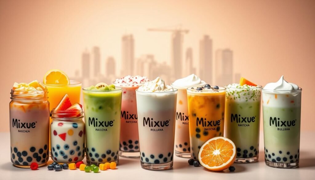 A vibrant and alluring display of Mixue bubble tea options, showcased against a backdrop of soft, pastel-hued tones. In the foreground, an array of colorful boba pearls, vibrant fruit slices, and creamy milk teas are presented in tempting glass jars, illuminated by warm, diffused lighting that casts gentle shadows. The middle ground features an array of classic and innovative Mixue bubble tea flavors, including matcha, taro, and tropical fruit variants, each topped with fluffy, cloud-like foam and delicate garnishes. In the background, a subtle, blurred cityscape hints at the urban setting, creating a sense of modern sophistication. The overall scene evokes a refreshing, artisanal, and visually captivating experience, perfectly capturing the essence of Mixue's irresistible bubble tea offerings.