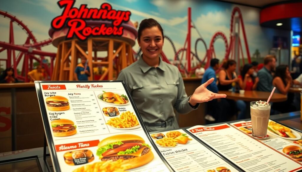 A vibrant and detailed menu display for Johnny Rockets, showcasing the variety of delicious items available at Six Flags. In the foreground, the menu should feature items like juicy burgers, crispy fries, and thick milkshakes, with colorful images and detailed descriptions of each dish. The middle section should include a friendly server in a clean, professional uniform, gesturing towards the menu, exuding a welcoming atmosphere. The background should illustrate a lively Six Flags environment, with hints of roller coasters and excited guests enjoying their meals. The scene should be well-lit, capturing the bright and cheerful ambiance typical of an amusement park setting, with a slight focus on the menu items to emphasize dietary information and allergen considerations.