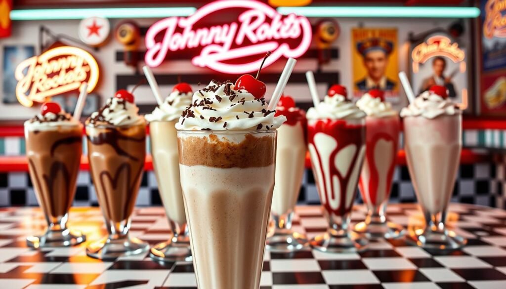 A vibrant and enticing arrangement of classic Johnny Rockets milkshakes in various flavors, including chocolate, vanilla, and strawberry, each topped with fluffy whipped cream and a cherry on top. In the foreground, a glass of creamy chocolate shake, embellished with sprinkled chocolate shavings, sits on a checkered diner table. In the middle, several more milkshake glasses, each uniquely styled, capture the essence of classic American diner desserts. The background features a nostalgic diner setting with retro neon lighting casting a warm glow, decorative checkerboard patterns, and vintage posters on the walls. The atmosphere exudes a cheerful and inviting vibe, perfect for immersing viewers in the classic American diner experience. The image should be well-lit, focusing on rich colors to enhance the deliciousness of the shakes, shot from a slightly elevated angle.