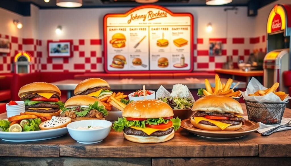 A vibrant and inviting layout of a dairy-free menu showcasing Johnny Rockets' delicious options. In the foreground, display a colorful assortment of dairy-free burgers, salads, and sides, artfully arranged on a rustic wooden table. The middle ground features a stylish menu board with illustrations of the dishes, highlighting vegan-friendly modifications. Soft, warm lighting casts a friendly glow, enhancing the food's appeal. In the background, a retro-style diner setting with red-and-white checkered decor and vintage jukeboxes evokes a nostalgic atmosphere. Capture the image from a slightly elevated angle to emphasize the menu items, creating an inviting and appetizing mood that celebrates inclusivity in dining choices. No text or branding appears in the image.