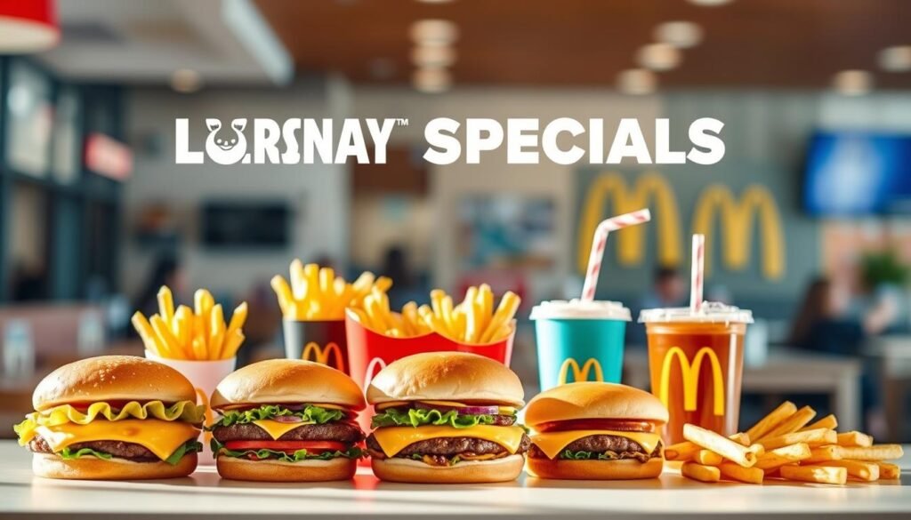 A vibrant and visually appealing display of McDonald's seasonal lunch specials, set against a softly defocused background. In the foreground, a selection of menu items - burgers, fries, and beverages - are artfully arranged on a clean, white surface, highlighted by warm, natural lighting. The middle ground features a blurred, out-of-focus view of the restaurant's interior, hinting at the bustling atmosphere. In the background, a hint of the restaurant's signature colors and branding elements add depth and context, creating a cohesive and enticing visual representation of the seasonal lunch offerings. A vibrant and visually appealing display of McDonald's seasonal lunch specials, set against a softly defocused background. In the foreground, a selection of menu items - burgers, fries, and beverages - are artfully arranged on a clean, white surface, highlighted by warm, natural lighting. The middle ground features a blurred, out-of-focus view of the restaurant's interior, hinting at the bustling atmosphere. In the background, a hint of the restaurant's signature colors and branding elements add depth and context, creating a cohesive and enticing visual representation of the seasonal lunch offerings.