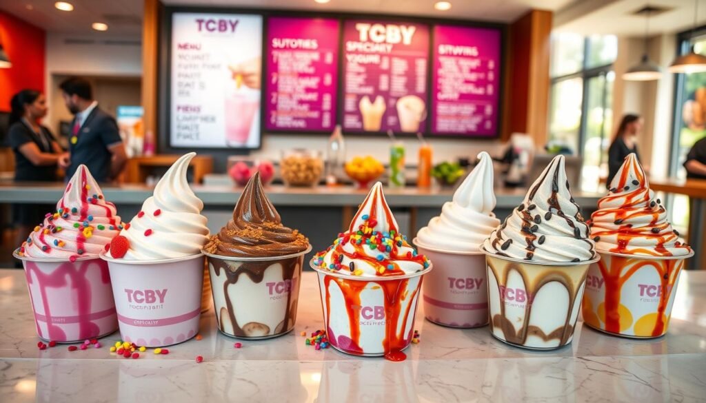 A vibrant arrangement of TCBY specialty items displayed on a sleek, modern countertop. In the foreground, highlight a variety of frozen yogurt flavors topped with colorful sprinkles, fresh fruits, and drizzles of rich sauces, showcasing their enticing textures and vibrant colors. In the middle ground, include a stylish menu board featuring various specialty offerings like yogurt parfaits and smoothies, with a subtle blur to emphasize the desserts in the foreground. The background should feature a bright, inviting TCBY store interior with soft natural lighting and friendly staff in smart casual attire. Capture a warm and inviting atmosphere, evoking a sense of indulgence and delight. The angle should be slightly above eye-level for a dynamic view that draws the viewer in.