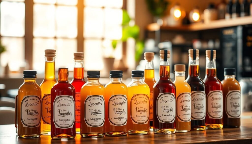 A vibrant arrangement of glass bottles filled with an array of colorful, artisanal coffee syrups and sauces. The bottles are neatly displayed on a wooden table, illuminated by natural light pouring in from a window. The syrups range from classic vanilla and caramel to unique flavors like lavender, cardamom, and maple. The bottles have elegant labels with hand-drawn illustrations, conveying a sense of craft and care. In the background, a blurred, cozy cafe setting creates a warm, inviting atmosphere. The lighting is soft and diffused, highlighting the rich hues and textures of the syrups. The overall scene evokes the idea of customizing and enhancing specialty coffee drinks with an array of artisanal, flavorful options. A vibrant arrangement of glass bottles filled with an array of colorful, artisanal coffee syrups and sauces. The bottles are neatly displayed on a wooden table, illuminated by natural light pouring in from a window. The syrups range from classic vanilla and caramel to unique flavors like lavender, cardamom, and maple. The bottles have elegant labels with hand-drawn illustrations, conveying a sense of craft and care. In the background, a blurred, cozy cafe setting creates a warm, inviting atmosphere. The lighting is soft and diffused, highlighting the rich hues and textures of the syrups. The overall scene evokes the idea of customizing and enhancing specialty coffee drinks with an array of artisanal, flavorful options.