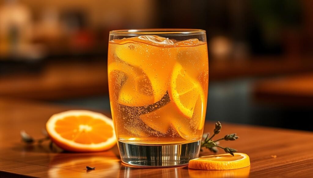 A vibrant, chilled glass filled with an effervescent, golden-hued beverage. The liquid swirls and dances with an abundance of delicate carbonation, reflecting a warm, ambient lighting that casts a soft, inviting glow. The glass is positioned on a sleek, wooden surface, accentuated by a scattering of fresh citrus slices and a sprig of aromatic herbs, hinting at the refreshing, non-caffeinated delight within. The scene evokes a sense of relaxation and indulgence, perfectly capturing the essence of the "Seven Fizz" non-caffeinated menu highlight. A vibrant, chilled glass filled with an effervescent, golden-hued beverage. The liquid swirls and dances with an abundance of delicate carbonation, reflecting a warm, ambient lighting that casts a soft, inviting glow. The glass is positioned on a sleek, wooden surface, accentuated by a scattering of fresh citrus slices and a sprig of aromatic herbs, hinting at the refreshing, non-caffeinated delight within. The scene evokes a sense of relaxation and indulgence, perfectly capturing the essence of the "Seven Fizz" non-caffeinated menu highlight.