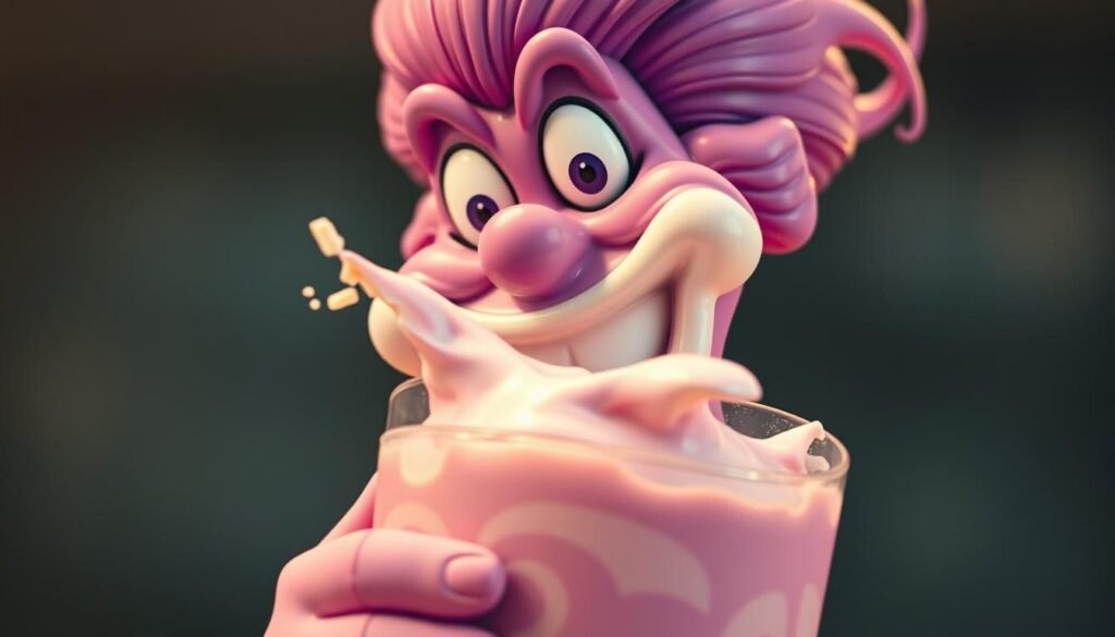 A vibrant, close-up image of the iconic McDonald's Grimace character, captured mid-shake as he whirls a creamy, purple-hued milkshake. The Grimace's expression is one of pure delight, his eyes wide and a joyous grin spreading across his face. The milkshake appears to be freshly blended, with swirling wisps of cream and flecks of vanilla bean visible. The lighting is soft and warm, casting a gentle glow on the scene. The background is blurred, allowing the Grimace and his milkshake to take center stage, creating a sense of energy and movement. The overall effect is one of playful indulgence, perfectly capturing the viral sensation that is the Grimace Shake.